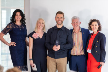 Jonathan Griffits presented with ESY award by Olga Geidane, Denise Fay, Alastair Greener and Carol Benton
